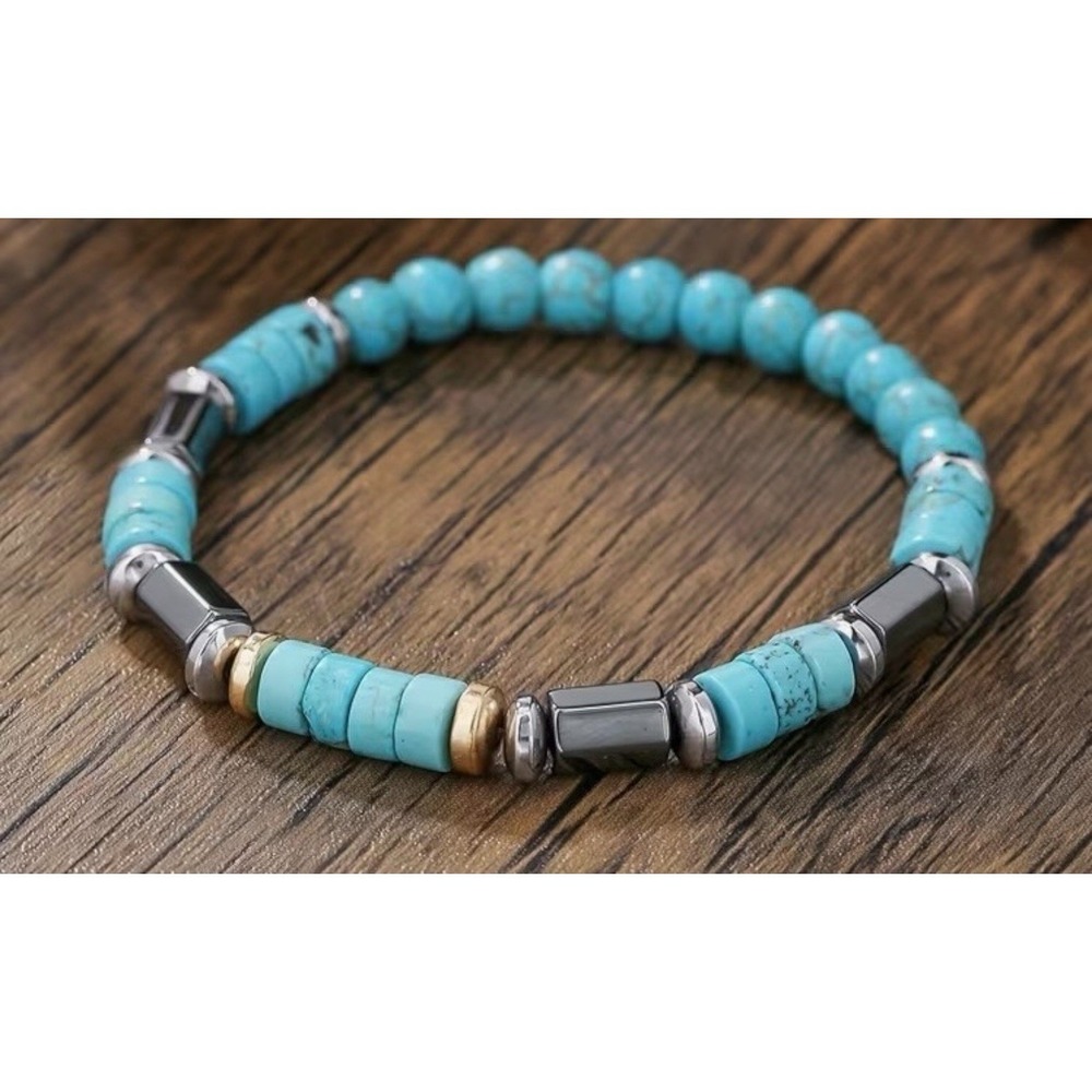 Unisex Turquoise Blue Hematite Beaded Stretch Bracelet Southwestern Boho